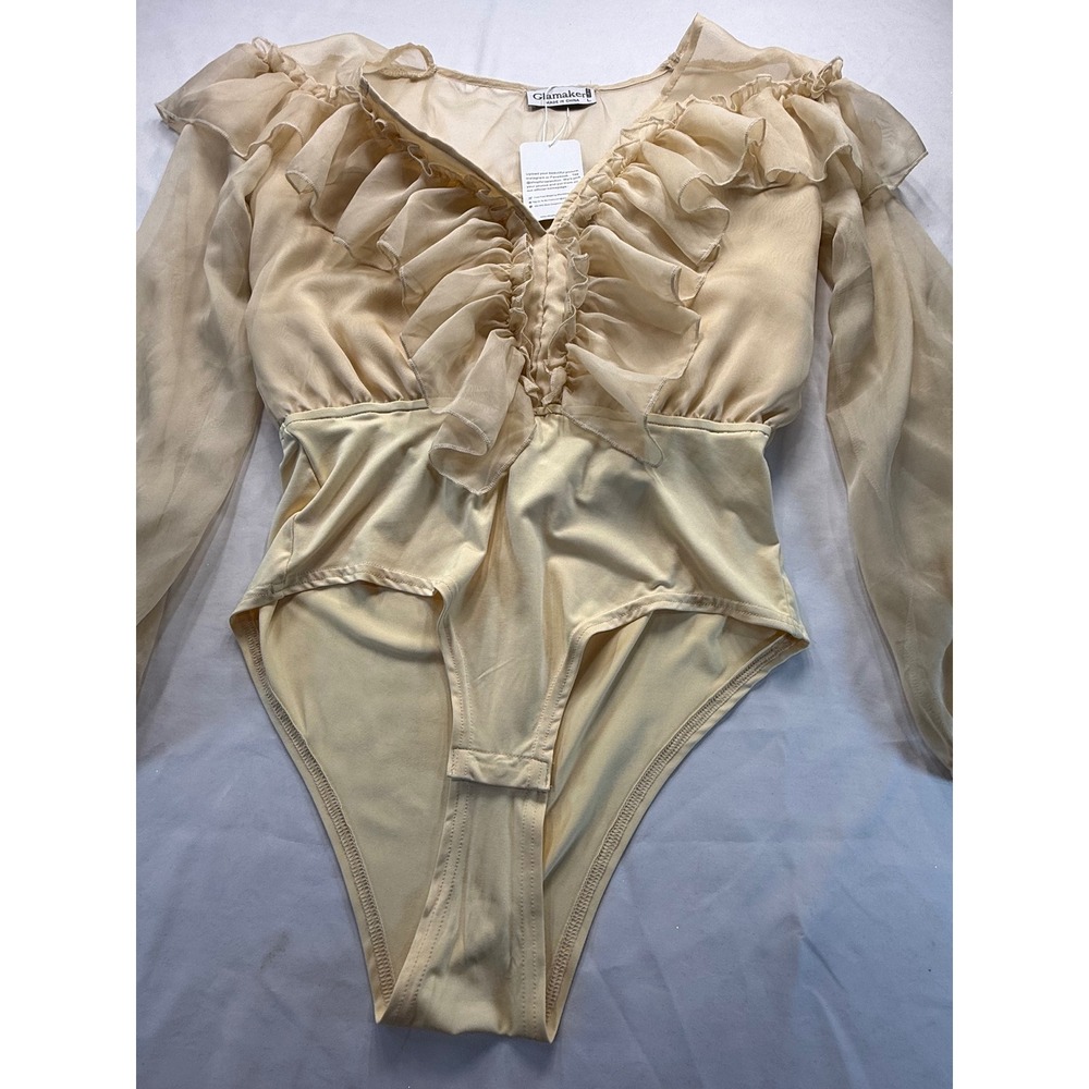 Glamaker Womens Ruffle V-Neck Long Sleeve Bodysuit Beige Champagne Large NWT
